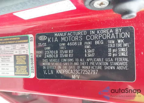 2012 Kia Sportage Lx z USA, uszkodzony, nr VIN KNDPBCA23C7252797